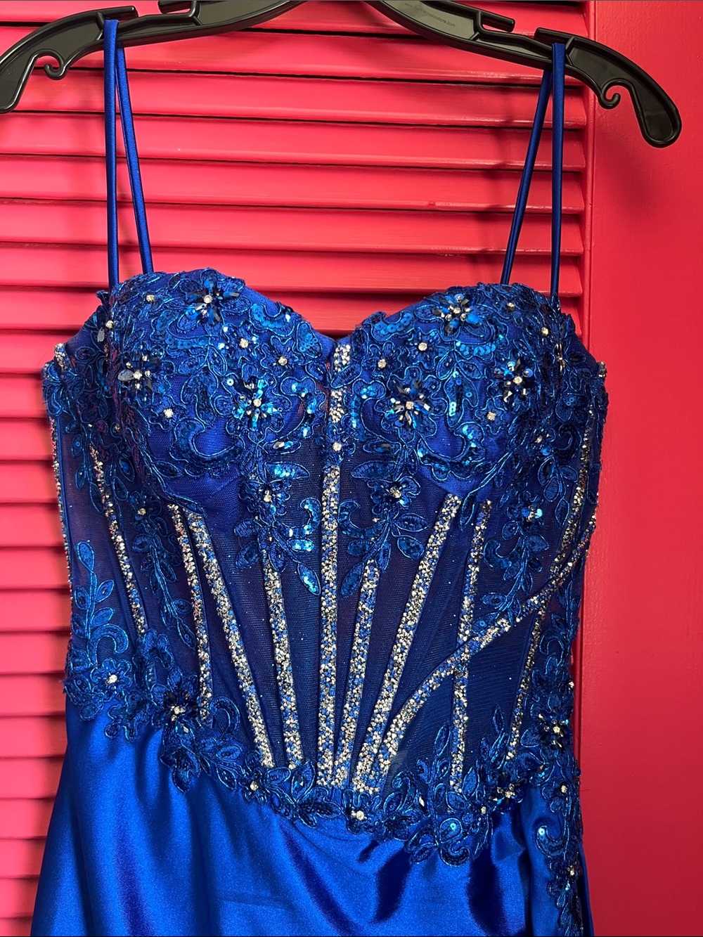 Embellished Royal Blue Prom Dress with Strap Details